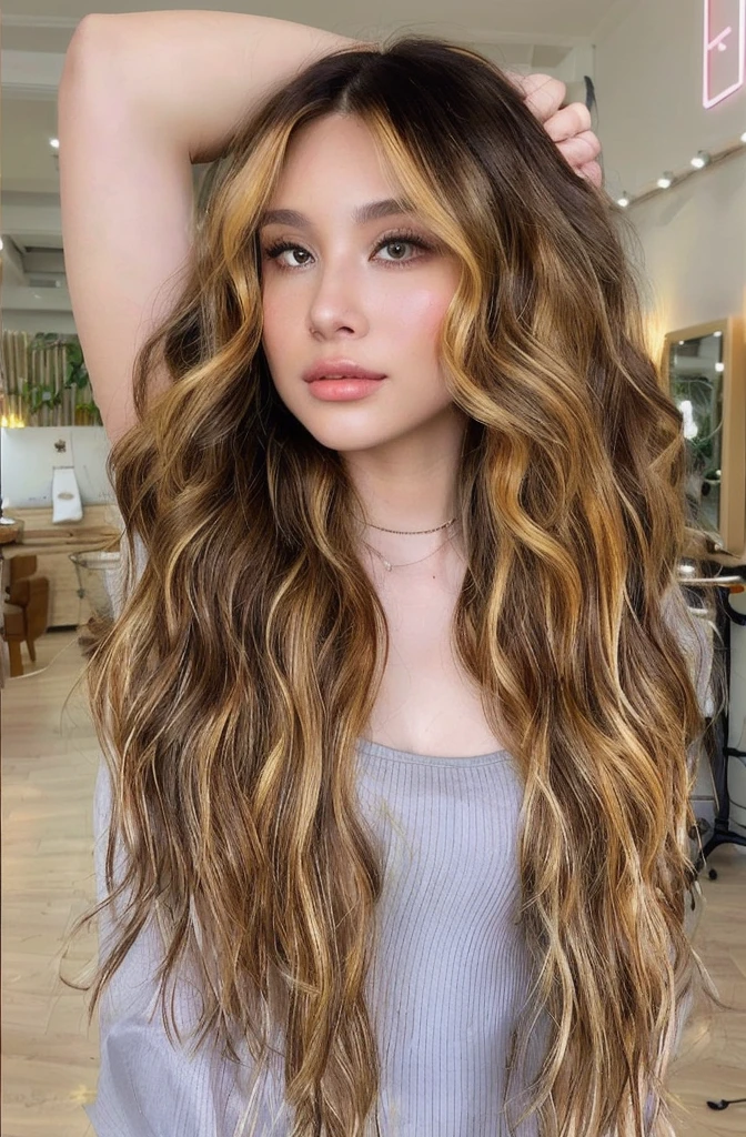 a close up of a woman with long, wavy hair in a salon, brunette with dyed blonde hair, wavy hair yellow theme, long glowing ethereal hair, full of golden layers, parted light brown hair, wavy hair spread out, curtain bangs, gold highlights, brown colored long hair, flowy yellow golden hair, intriguing volume flutter, center parted curtain bangs