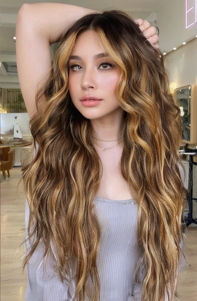 a close up of a woman with long, wavy hair in a salon, brunette with dyed blonde hair, wavy hair yellow theme, long glowing ethereal hair, full of golden layers, parted light brown hair, wavy hair spread out, curtain bangs, gold highlights, brown colored long hair, flowy yellow golden hair, intriguing volume flutter, center parted curtain bangs