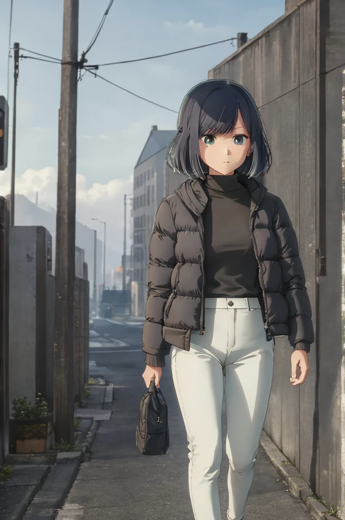 girl, , black puffer jacket, street, walk, foggy