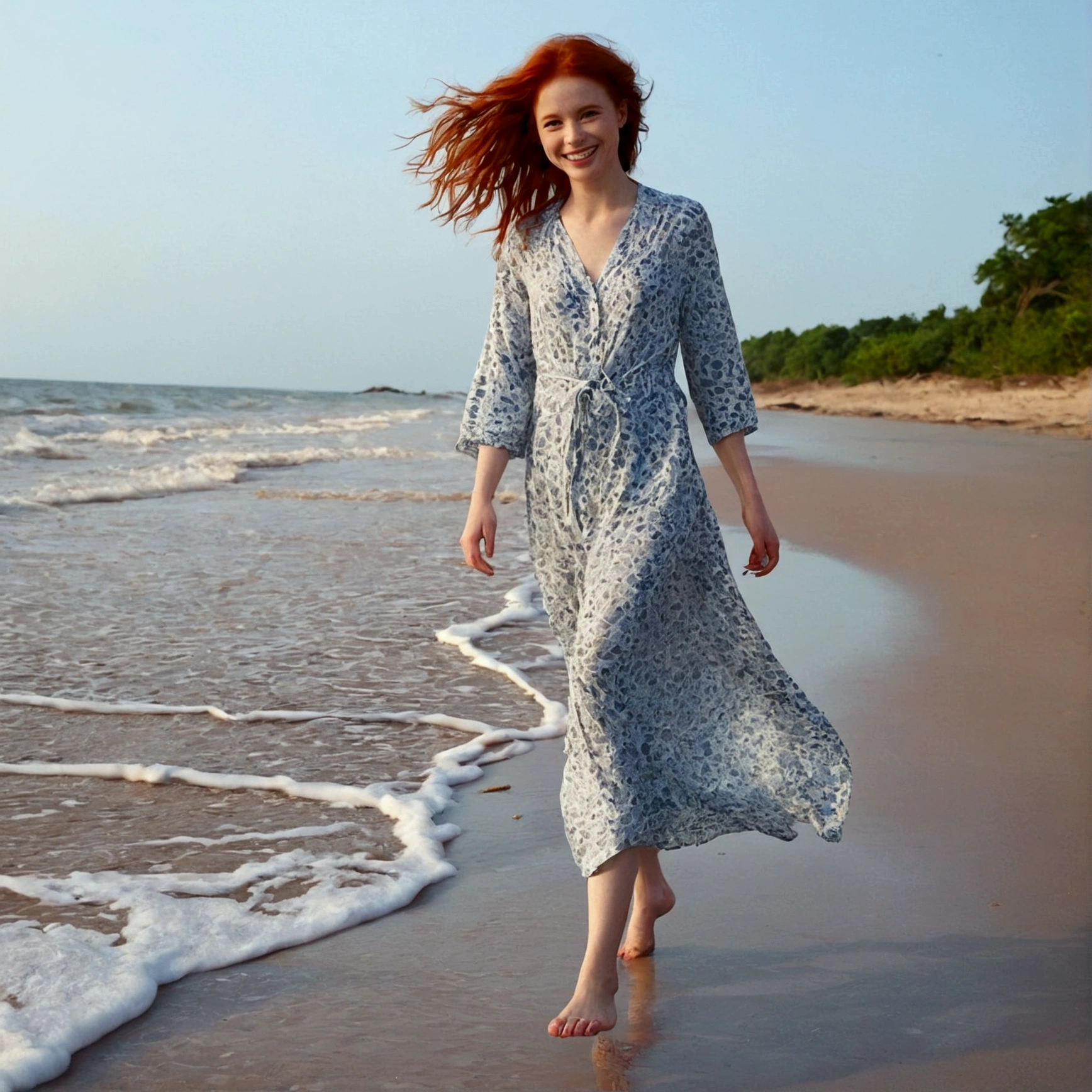 Hyperrealistic photograph of a 60-year-old woman with very long hair down to her feet. The long-haired woman has a very detailed purple dress, she walks on the beach with a gray background and thunderstorm. The rough waves wet the woman's dress. 8K high resolution.