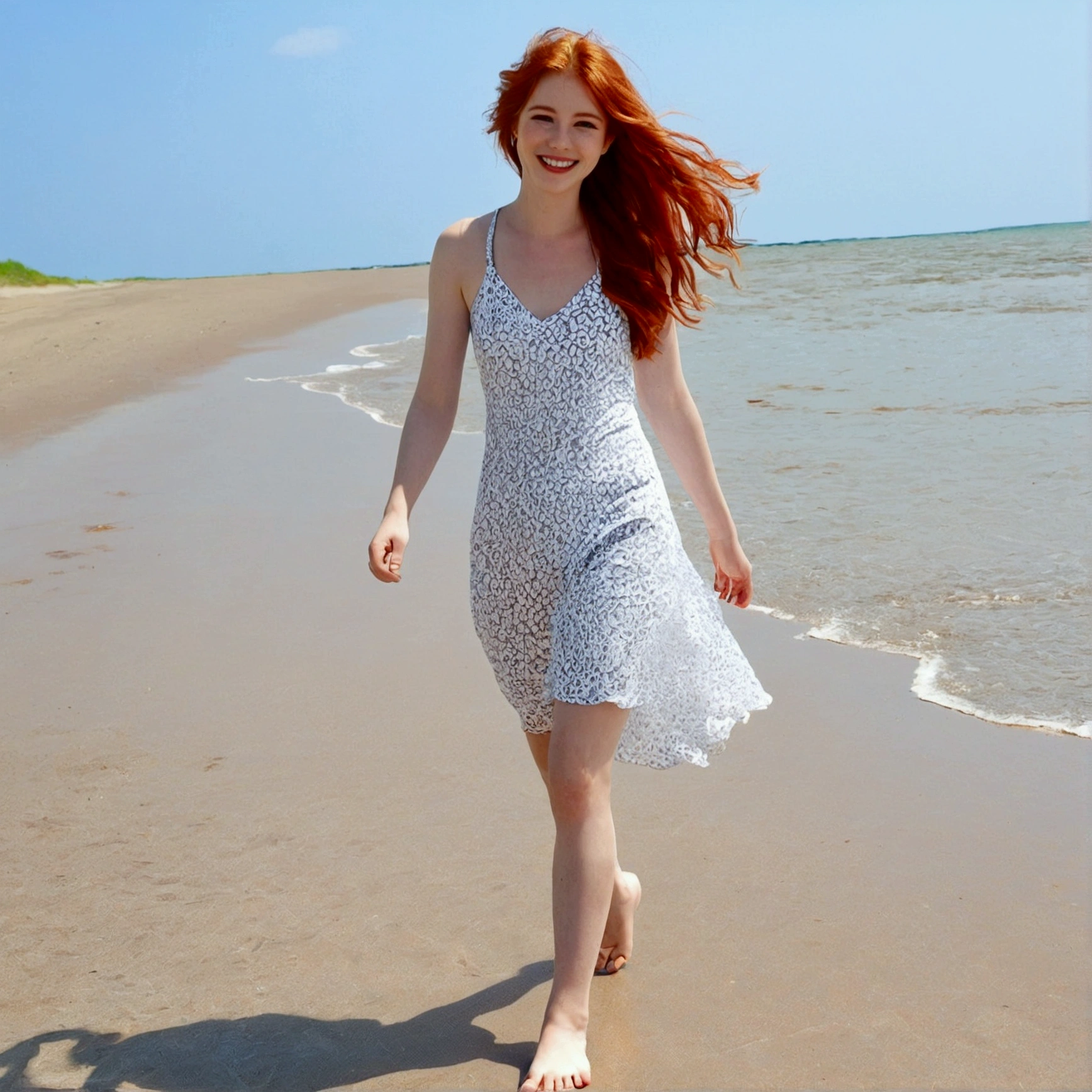 walking on the beach,,Reddish hair,Walking barefoot、A kind smile
