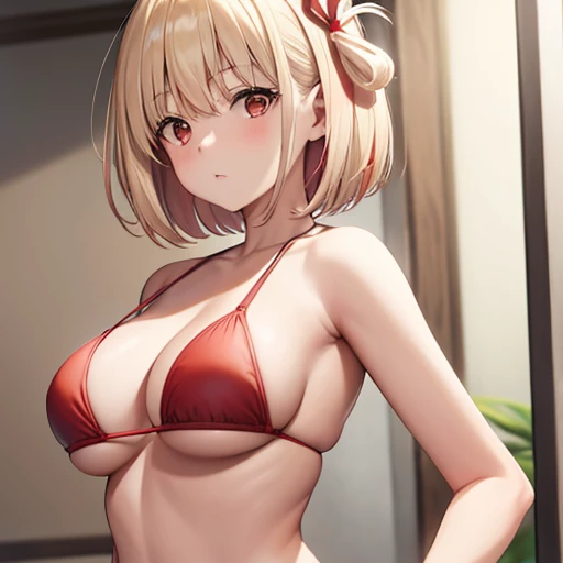 Nishikigi chisato, short hair, bangs, Blonde, (Red eyes:1.5), Hair Ribbon, One side up, Bobcut, Red Bikini,Big Breasts