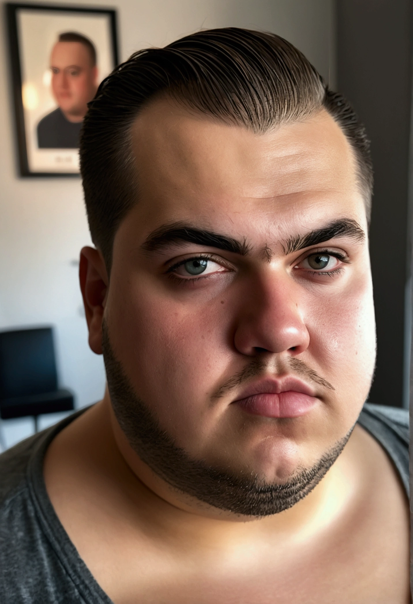1homem, age 20 years, 8K UHD, dslr, grain of film, Pintura photorrealistic, in a living room, ((Front face self portrait)), ((cara gordo, fat man)), ((side shaved haircut)), 24 mm, (((sharp focus:1.5))), (((depth of sharpening:1.5))), (photorrealistic:1.5), (texture skin:1.38), cinemactic, hyperdetailed,