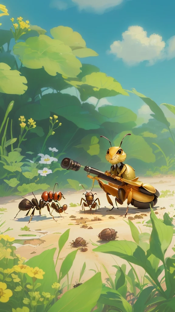 A tiny cricket looking down, an ant colony in front of it, Ghibli-style, Shinkai-style, Japanese anime aesthetic, beautiful detailed eyes, beautiful detailed face, extremely detailed eyes and face, long eyelashes, intricate detailed insects, highly detailed nature, glowing lighting, vibrant colors, warm color palette, soft lighting, cinematic composition, fantasy landscape, magical realism, dreamlike, (best quality,4k,8k,highres,masterpiece:1.2),ultra-detailed,(realistic,photorealistic,photo-realistic:1.37)