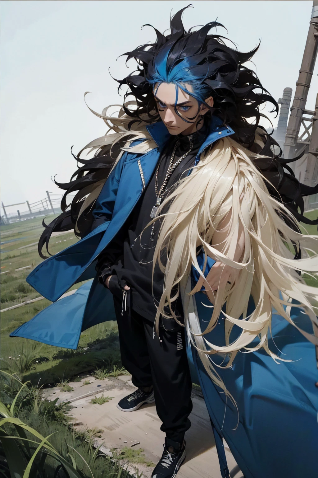 1male, tan skin, black highlighted hair, black and white hair, messy hair, wavy hair, blue eyes, uninterested expression, (dark blue oversized coat), black joggers, black undershirt, bandaged clothing, grassland background, standing on path, hands to side
