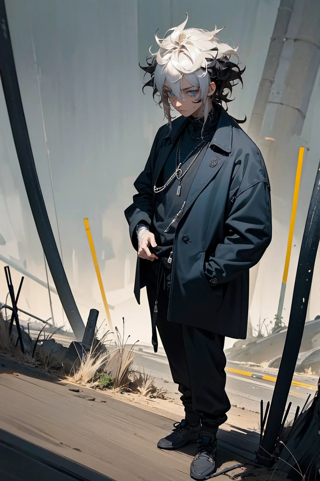 1male, tan skin, black highlighted hair, black and white hair, messy hair, wavy hair, blue eyes, uninterested expression, (dark blue oversized coat), black joggers, black undershirt, bandaged clothing, grassland background, standing on path, hands to side