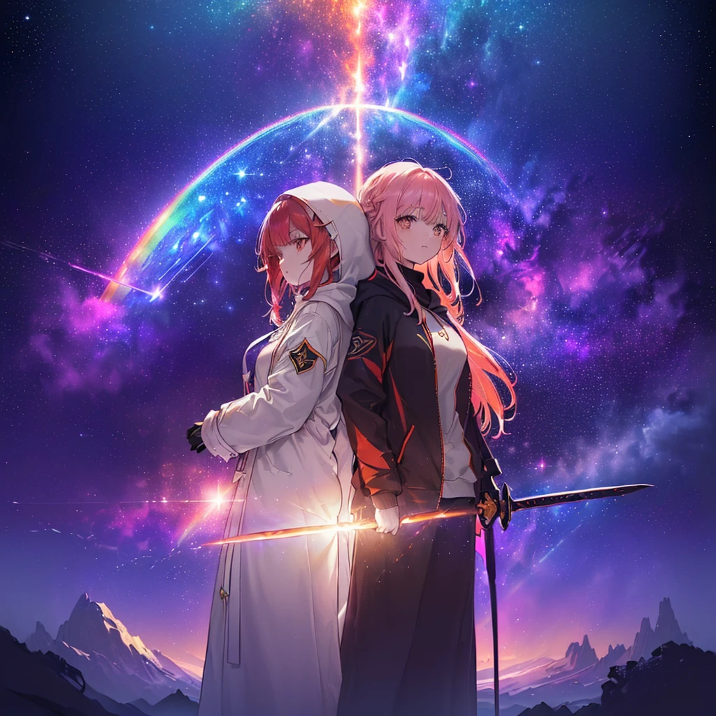 (((((Two women standing back to back、Holding a sword　Galaxy Background、Shine)))))　((((Fantasy　Rainbow colors、Long Hair　Dull red eyes　High Neck Hoodie　Put on a coat without putting your arms through it))))　(((Lonely　despair)))　((tears　gloves))　(Distorted Space-Time　star　moon)　Catch the wind　Shine背景　Particles of light, Shineエッジ