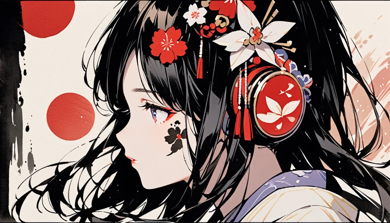 (((Ink Painting))), (((1 girl))), (((Tattoo on face))), (((Gorgeous hair accessories))), Japanese style headphones, face close-up, Japan人の美少女, Black Hair, Delicate and precise,Japan, Japanese flag