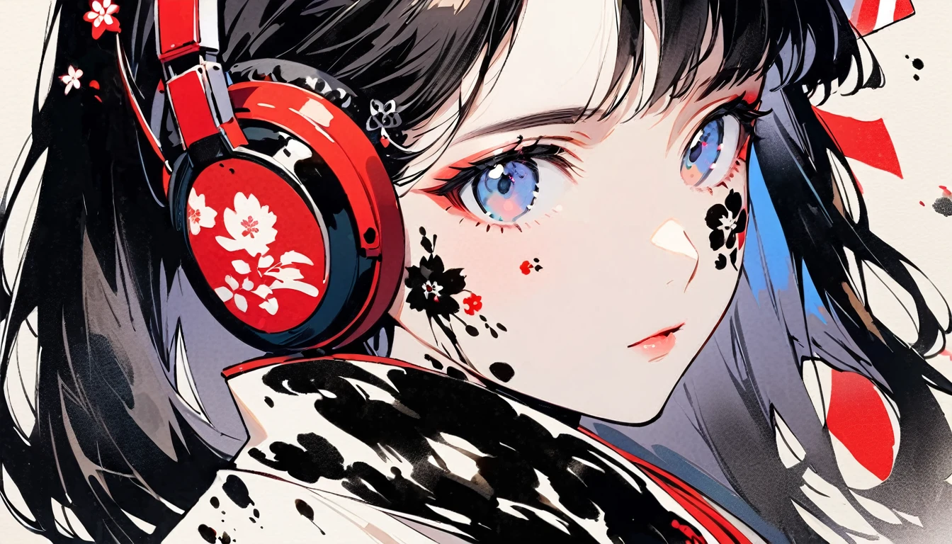 (((Ink Painting))), (((1 girl))), (((Tattoo on face))), (((Gorgeous hair accessories))), Japanese style headphones, face close-up, Japan人の美少女, Black Hair, Delicate and precise,Japan, Japanese flag