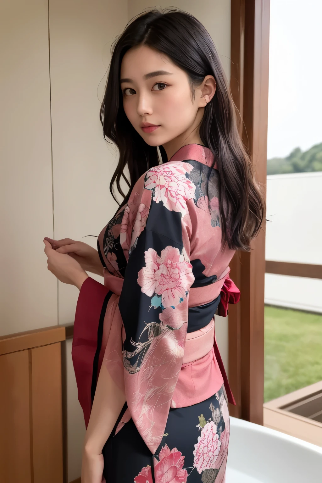 (((Wear a bright red Japanese kimono:1.8)), ((Head to Knee:1.5)),Big and beautiful buttocks, from the back, ((Red underwear with detailed lace:1.5)), ((Turning her butt to the camera:1.8)), ((Her kimono flips up, revealing her panties:1.5)),Waistline, ((Kneeling,Spread your legs:1.5)),((Slender body:1.2)),Bun Hair,Detailed face, Beautiful Eyes, Detailed lips, high quality, 8k, Realistic, masterpiece, Very detailed, complicated, elegant, Sensual, Sexy, Cinema Lighting
