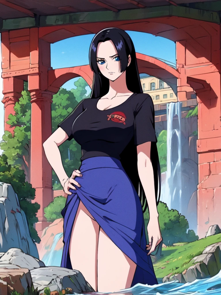 Masterpiece , highly detailed , best quality , perfect face , blue eyes , black hairs , boa hancock , wearing too short sleeves white printed t-shirt and blue jeans , in garden , arms bound behind back , looking at camera , standing still