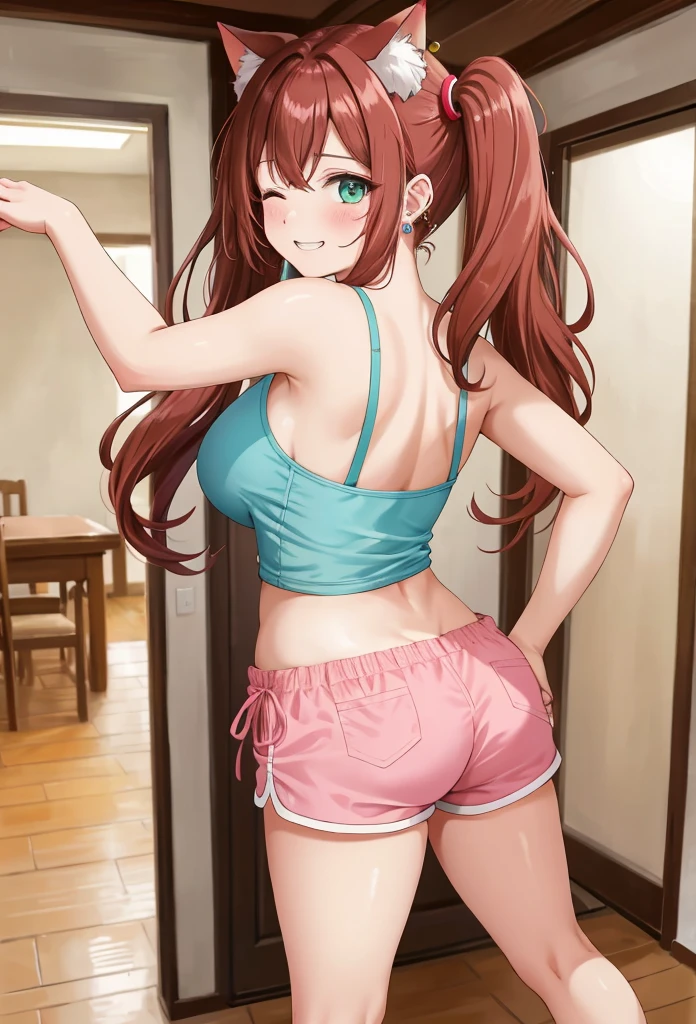 A beautiful girl walking with her phone, anime girl, inside the house, from behind, brown hair, gradient hair with red tips, long hair, twintails, wavy hair, asymmetrical bangs, shiny hair, cat hair ornament, aqua eyes, glowing eyes, one eye closed, pupils sparkling, earrings, grin, blush, seductive smile, big rounds breasts, wiggles her hips, shows her back, from behind, from below, nice and round buttocks, full body, dolphin shorts, pink camisole, high detail, anime, anime style, chiaroscuro, framed, pov, wide shot, panorama, atmospheric perspective, Wide-Angle, 85mm, Sony FE, 8k, super detail, UHD, retina, masterpiece, accurate, anatomically correct, textured skin, highres, best quality, 16k