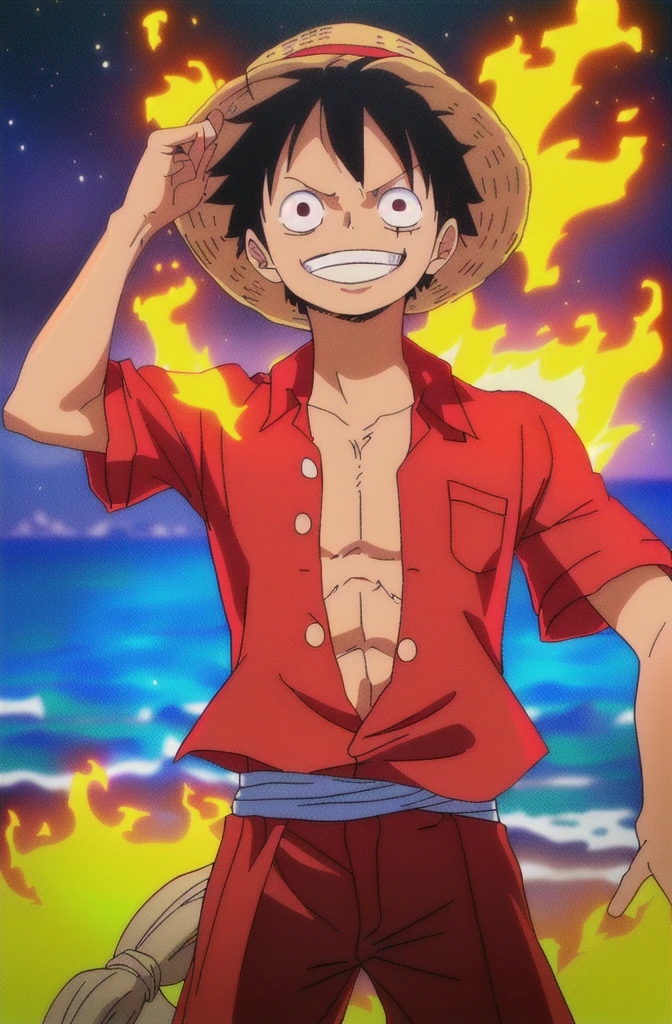 1boys, wanostyle, monkey d luffy, Smiling, Straw hat, look viewer, solo, Upper body, ((masterpiece)), (Best quality), (Extremely detailed), Depth of field, sketch, dark intensive shadows, Sharp focus quality, hdr, Colorful, Good composition, There were fires all around, spectacular, Closed shirt, Anime screenshots, Scars under the eyes, getting ready to fight, Dark eyes,deep of field,ocean background,ship,sunrays,Red clothes,