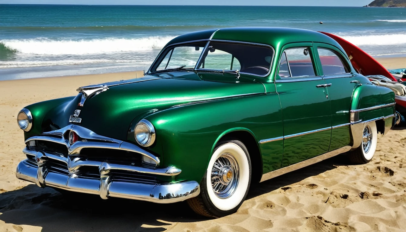 ((A realistic photo of a 1952 Dodge Kingsway Custom)),British Racing Green color with chrome mag wheels, parked at a surf beach on a summers day, best quality, very hi definition, 8k, Surfboards and bikini Girls standing next to the car, (fine detail,)