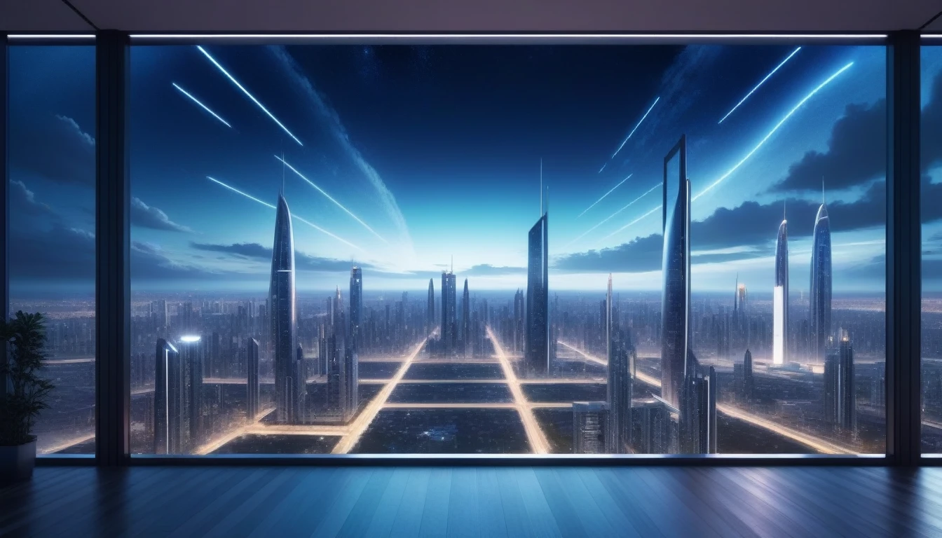 at night, front view of a futuristic city landscape out of a large window in a futuristic luxury apartment with a beautiful sky