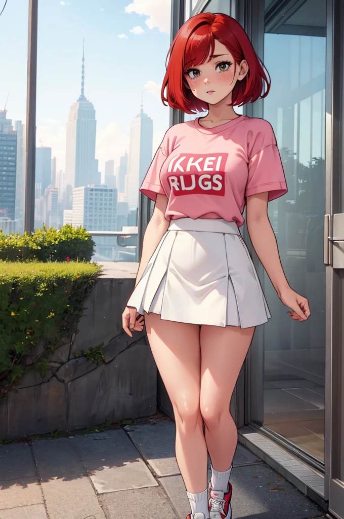 cute sexy girl with short red hair, freckles, pink short sleeve sweater over white short sleeve shirt, white skirt, black short leggings, high top sneakers and white socks, black tie