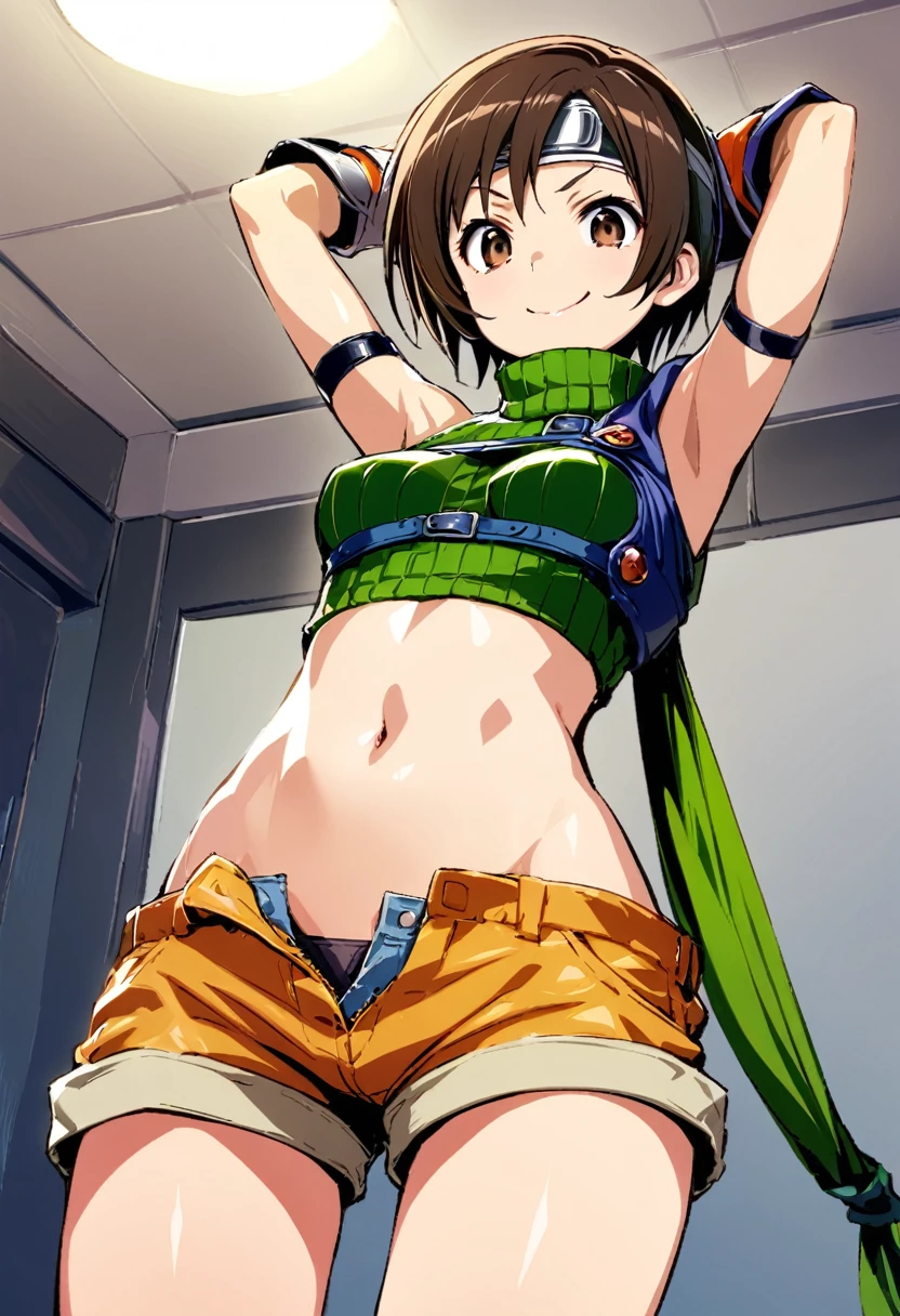 score_9, score_8_up, score_7_up,,BREAK , from below,navel below view.,mediumshot,(arms up,arms behind head,arms in hair),looking_at_viewer,soro focus,1girl, yuffie kisaragi, final fantasy, short hair,headband,navel,sleeveless,turtleneck,brown eyes,sleeveless turtleneck,solo,breasts,looking at viewer,smile,gloves,crop top,brown hair,shorts,midriff,,sweater,open fly,armor,fingerless gloves,ribbed sweater,medium breasts,,smile,smug,best quality,aesthetic,very aesthetic,masterpiece,(high-resolution),