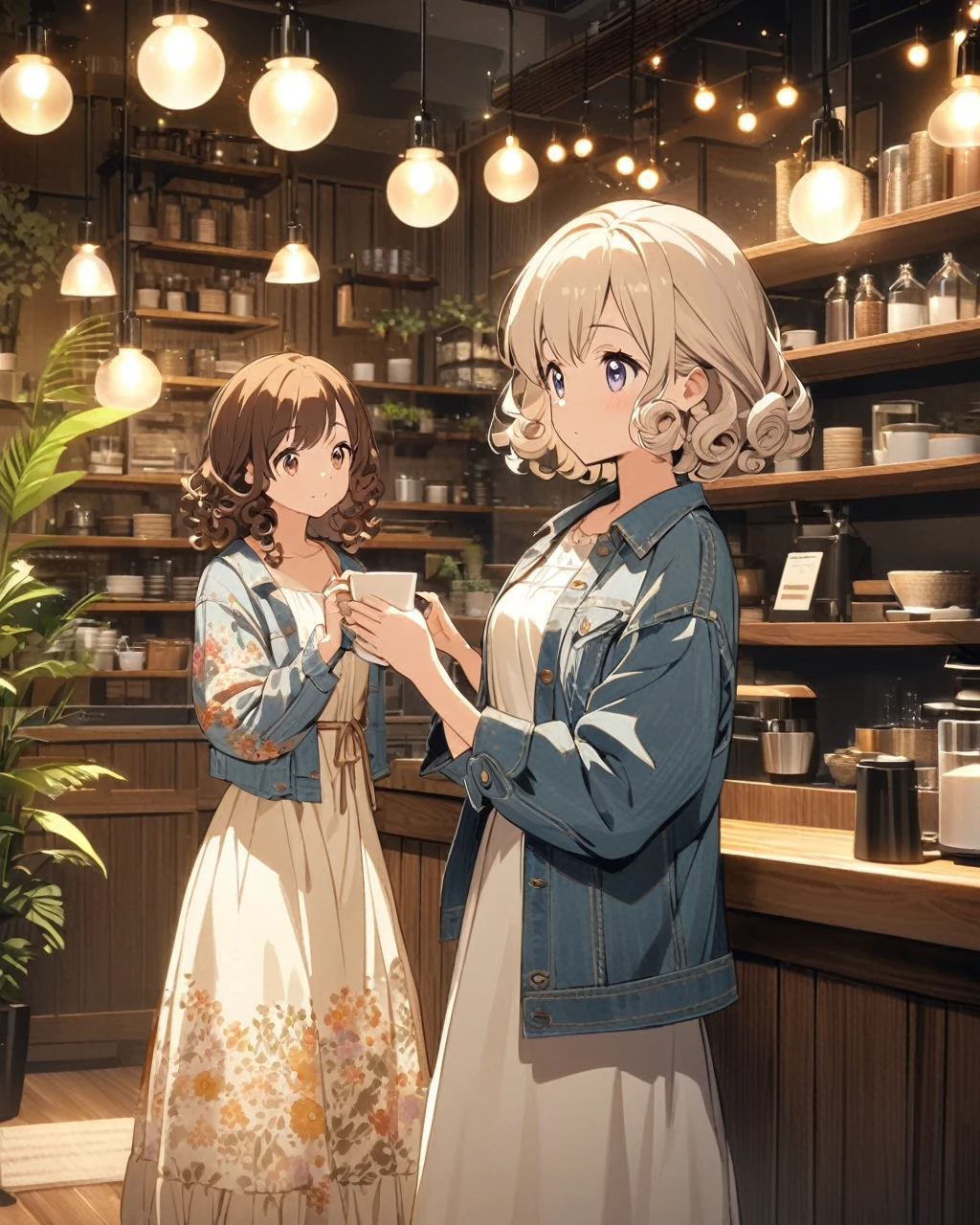 A cute anime girl with short curly hair, wearing a denim jacket over a light-colored dress with floral patterns, holding a cup of coffee. She's standing inside a cozy, well-lit coffee shop with wooden furnishings and shelves stocked with various items. The atmosphere is warm and inviting, with hanging lights and a few plants decorating the space