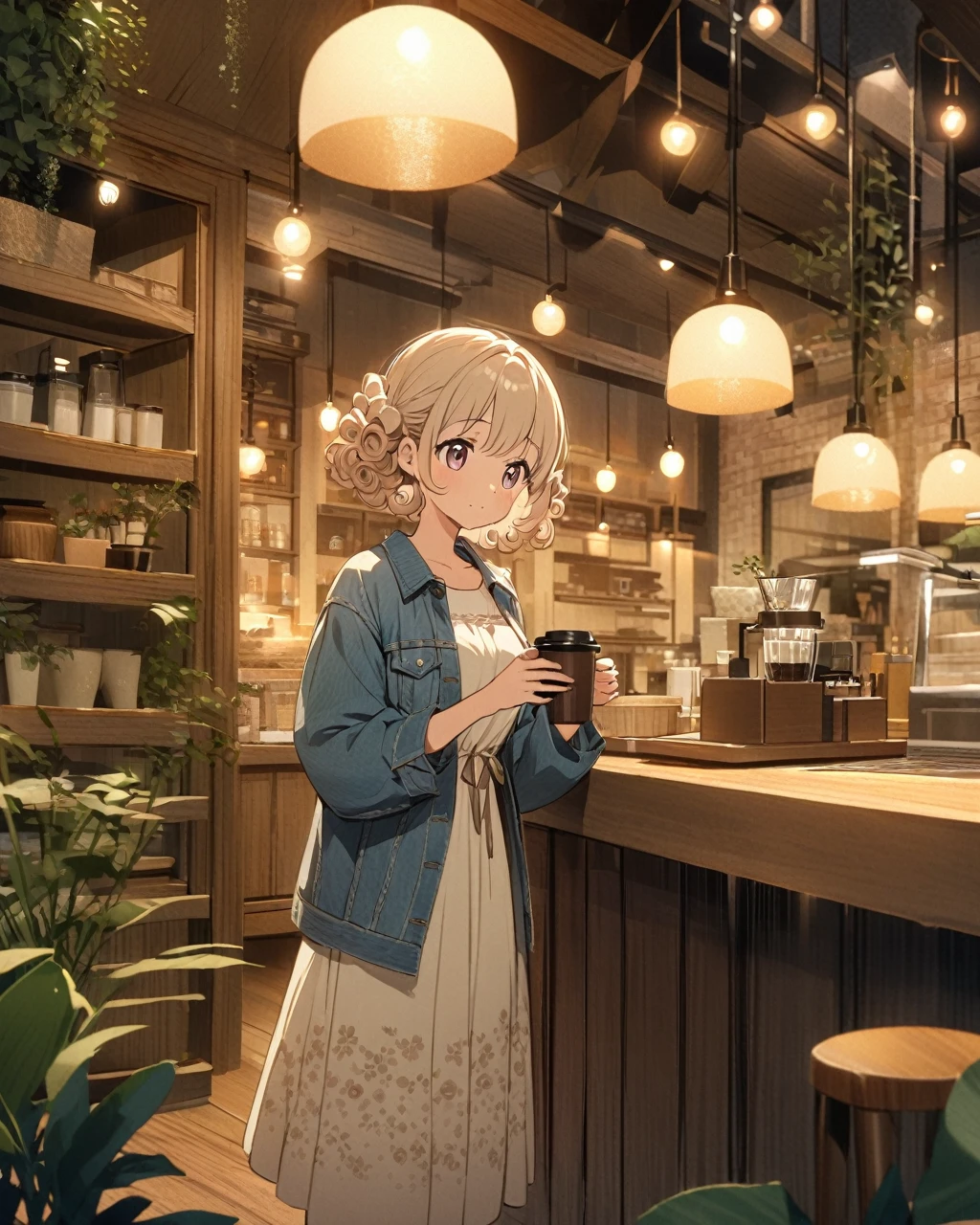 A cute anime girl with short curly hair, wearing a denim jacket over a light-colored dress with floral patterns, holding a cup of coffee. She's standing inside a cozy, well-lit coffee shop with wooden furnishings and shelves stocked with various items. The atmosphere is warm and inviting, with hanging lights and a few plants decorating the space