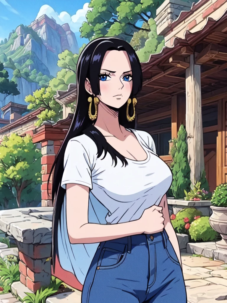 Masterpiece , highly detailed , best quality , perfect face , blue eyes , black hairs , boa hancock , wearing too short sleeves white printed t-shirt and blue jeans , in garden , arms bound behind back , looking at camera , standing still