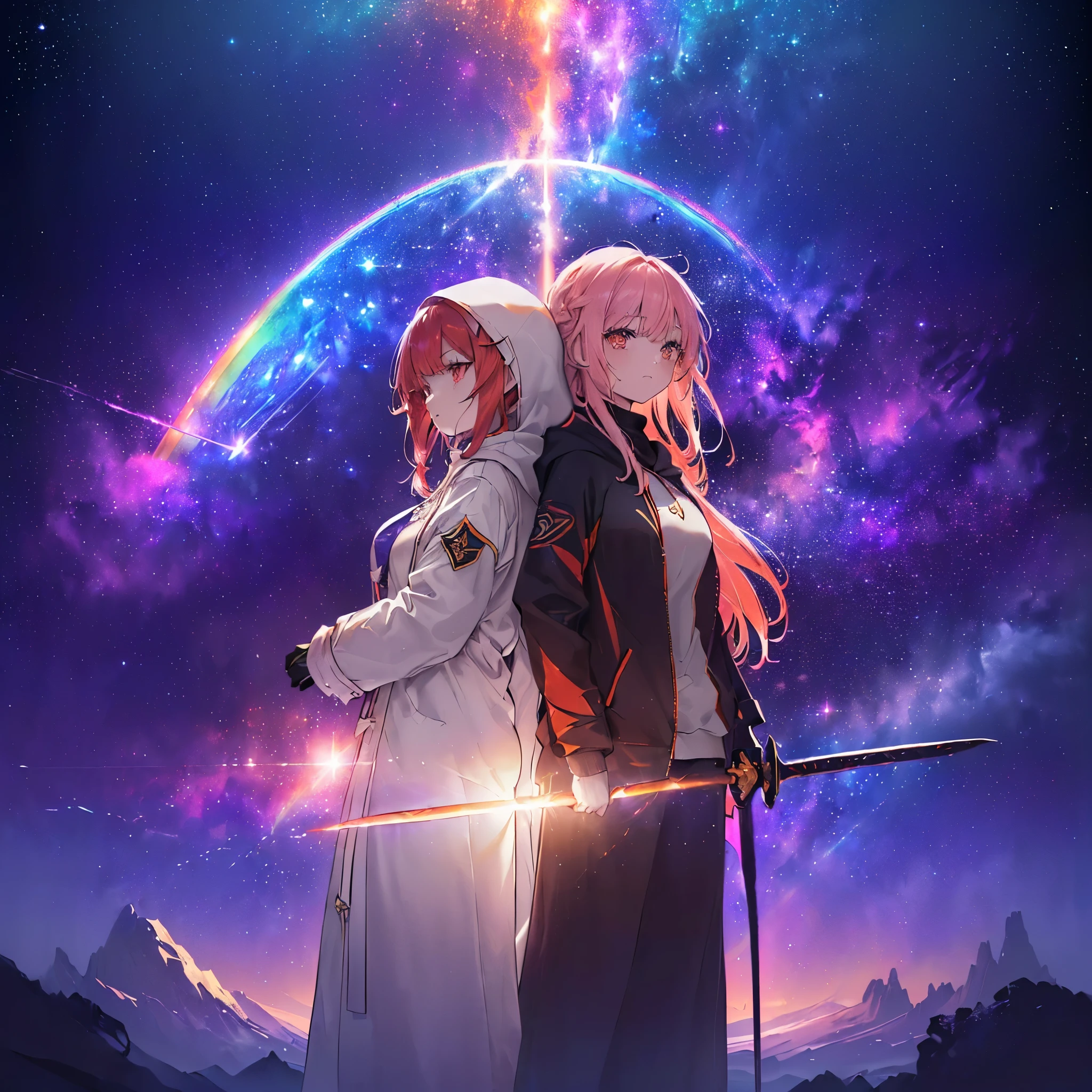(((((Two women standing back to back、Holding a sword Galaxy Background、Shine))))) ((((Fantasy Rainbow colors、Long Hair Dull red eyes High Neck Hoodie Put on a coat without putting your arms through it)))) (((Lonely despair))) ((tears gloves)) (Distorted Space-Time star moon) Catch the wind Shine背景 Particles of light, Shineエッジ