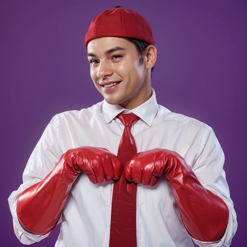 This image features a black young man in a playful pose, wearing a white dress shirt, a striped red and white tie, and a dark red cap. His hands are covered with oversized red boxing gloves. He's playfully fixing his tie with a smile, suggesting a fun or humorous context. The purple background adds a vibrant contrast to his attire and accessories.аffects render, (glossy plastic texture with multiple big light probe refractions), perfect cgi, smooth silhouette, high intensity refraction, (super glossy plastic material), most beautiful vfx, , realistic, 4k, high resolution, rim light, smooth 3d model, multiple light sources, rim light, sharp post effects render,, realistic, 4k, high resolution, rim light detailed digital art, reflective, best quality, 4k, masterpiece:1.2, ultra-detailed, realistic, vivid colors, The image of the highest quality, ensuring every detail showcased perfectly. It in 4k resolution, allowing viewers to immerse themselves in the richness of the colors and intricate details. The realistic rendering. under the spotlight, reflecting, high-resolution image, realistic rendering