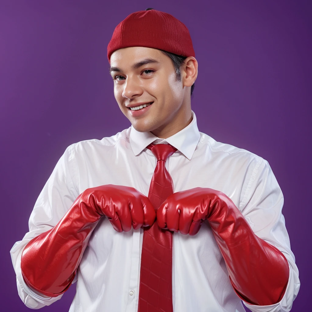 This image features a black young man in a playful pose, wearing a white dress shirt, a striped red and white tie, and a dark red cap. His hands are covered with oversized red boxing gloves. He's playfully fixing his tie with a smile, suggesting a fun or humorous context. The purple background adds a vibrant contrast to his attire and accessories.аffects render, (glossy plastic texture with multiple big light probe refractions), perfect cgi, smooth silhouette, high intensity refraction, (super glossy plastic material), most beautiful vfx, , realistic, 4k, high resolution, rim light, smooth 3d model, multiple light sources, rim light, sharp post effects render,, realistic, 4k, high resolution, rim light detailed digital art, reflective, best quality, 4k, masterpiece:1.2, ultra-detailed, realistic, vivid colors, The image of the highest quality, ensuring every detail showcased perfectly. It in 4k resolution, allowing viewers to immerse themselves in the richness of the colors and intricate details. The realistic rendering. under the spotlight, reflecting, high-resolution image, realistic rendering