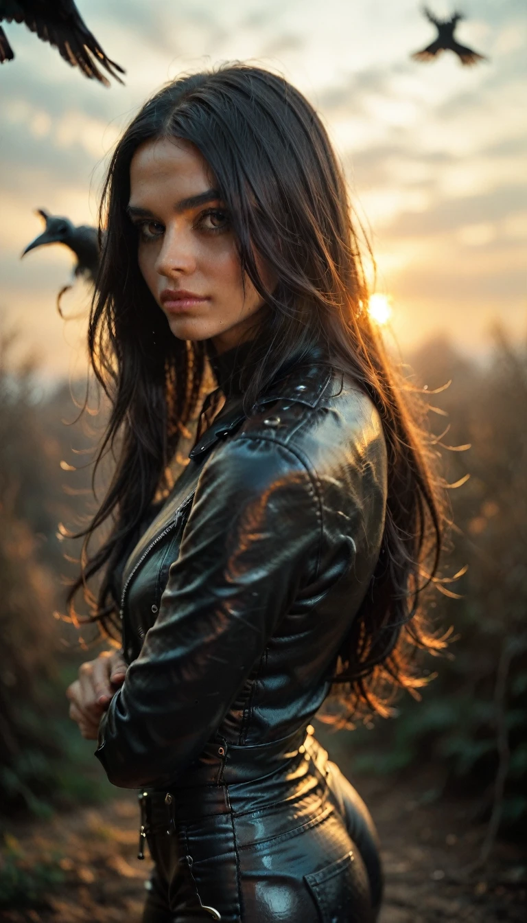 masterpiece, best quality, movie still, 1girl, monstergirl, crow woman, full body, portrait, detailed (eyes), long (hair), perfect body, proportional body, crow|raven wings, deep look, wearing (leather pants:2), close-up, cold soft lighting, sunset, (aura:0.7)