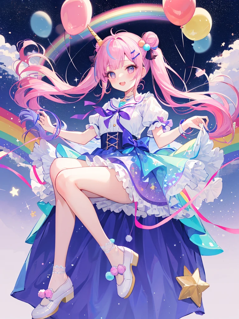 (whole body, legs and shoes visible: 1.2)) Expressive eyes, One girl, Pale skin, Long Hair, Windblown Hair, ((absurdly Long Hair)), Long Side Lock, Princess bangs, Hair bangs, Hair Bun, ((Very long twin tails)), Rainbow Hair, Light pink hair, blush, full face blush, big sparkling Pastel Purple eyes, (Gradient Eye), Laughing with your mouth open, cute pose, ((Holding a balloon : 1.3)) ((cute and pastel fashion)) ((🦄🎠🎈🎉 theme : 1.4)) A loose pastel dress, ((Dreamy multi-colored open dress)), (Floating ribbon), Lavender Frill, Pink frills, (Light blue lace), Removable short sleeves, Fluffy skirt, ((Rainbow and star printed skirt : 1.3)), ****ta Skirt, Purple ribbon, ((pom pom ribbon hair ornament : 1.4)), Multiple Bows, Striped lace stockings, (heart型のレッグガーター), cute (Pastel Purple) shoes ((Ultra-detailed clothing and fashion)) I&#39;m watching you, Vintage Girl, blush, (Beautiful attention to detail), (Highly detailed CG Unity 8k wallpaper) (Best Shadow), ((Very delicate and beautiful)), (Detailed light), ((Depth of written boundary)) Big Head, Big, bright eyes, Moe, Splash Art, Cinema Lighting, Front view, volumetric lighting maximalist photo illustration k resolution high resolution intricate detailed complex key visuals precise linear ((Dreamy pastel sky background, Surrounded by sunset clouds, shooting star, Castle above the clouds)) ((Ultra-detailed landscapes, Foggy clouds, Hung by balloons, heart : 1.3))