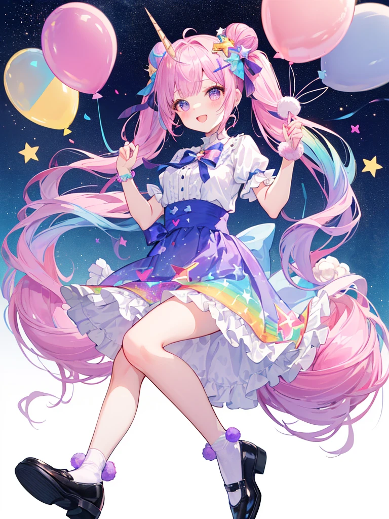 (whole body, legs and shoes visible: 1.2)) Expressive eyes, One girl, Pale skin, Long Hair, Windblown Hair, ((absurdly Long Hair)), Long Side Lock, Princess bangs, Hair bangs, Hair Bun, ((Very long twin tails)), Rainbow Hair, Light pink hair, blush, full face blush, big sparkling Pastel Purple eyes, (Gradient Eye), Laughing with your mouth open, cute pose, ((Holding a balloon : 1.3)) ((cute and pastel fashion)) ((🦄🎠🎈🎉 theme : 1.4)) A loose pastel dress, ((Dreamy multi-colored open dress)), (Floating ribbon), Lavender Frill, Pink frills, (Light blue lace), Removable short sleeves, Fluffy skirt, ((Rainbow and star printed skirt : 1.3)), ****ta Skirt, Purple ribbon, ((pom pom ribbon hair ornament : 1.4)), Multiple Bows, Striped lace stockings, (heart型のレッグガーター), cute (Pastel Purple) shoes ((Ultra-detailed clothing and fashion)) I&#39;m watching you, Vintage Girl, blush, (Beautiful attention to detail), (Highly detailed CG Unity 8k wallpaper) (Best Shadow), ((Very delicate and beautiful)), (Detailed light), ((Depth of written boundary)) Big Head, Big, bright eyes, Moe, Splash Art, Cinema Lighting, Front view, volumetric lighting maximalist photo illustration k resolution high resolution intricate detailed complex key visuals precise linear ((Dreamy pastel sky background, Surrounded by sunset clouds, shooting star, Castle above the clouds)) ((Ultra-detailed landscapes, Foggy clouds, Hung by balloons, heart : 1.3))