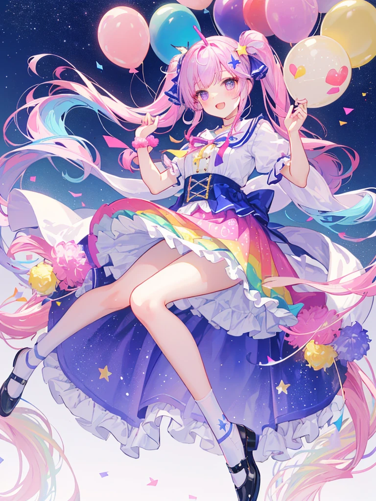 (whole body, legs and shoes visible: 1.2)) Expressive eyes, One girl, Pale skin, Long Hair, Windblown Hair, ((absurdly Long Hair)), Long Side Lock, Princess bangs, Hair bangs, Hair Bun, ((Very long twin tails)), Rainbow Hair, Light pink hair, blush, full face blush, big sparkling Pastel Purple eyes, (Gradient Eye), Laughing with your mouth open, cute pose, ((Holding a balloon : 1.3)) ((cute and pastel fashion)) ((🦄🎠🎈🎉 theme : 1.4)) A loose pastel dress, ((Dreamy multi-colored open dress)), (Floating ribbon), Lavender Frill, Pink frills, (Light blue lace), Removable short sleeves, Fluffy skirt, ((Rainbow and star printed skirt : 1.3)), ****ta Skirt, Purple ribbon, ((pom pom ribbon hair ornament : 1.4)), Multiple Bows, Striped lace stockings, (heart型のレッグガーター), cute (Pastel Purple) shoes ((Ultra-detailed clothing and fashion)) I&#39;m watching you, Vintage Girl, blush, (Beautiful attention to detail), (Highly detailed CG Unity 8k wallpaper) (Best Shadow), ((Very delicate and beautiful)), (Detailed light), ((Depth of written boundary)) Big Head, Big, bright eyes, Moe, Splash Art, Cinema Lighting, Front view, volumetric lighting maximalist photo illustration k resolution high resolution intricate detailed complex key visuals precise linear ((Dreamy pastel sky background, Surrounded by sunset clouds, shooting star, Castle above the clouds)) ((Ultra-detailed landscapes, Foggy clouds, Hung by balloons, heart : 1.3))