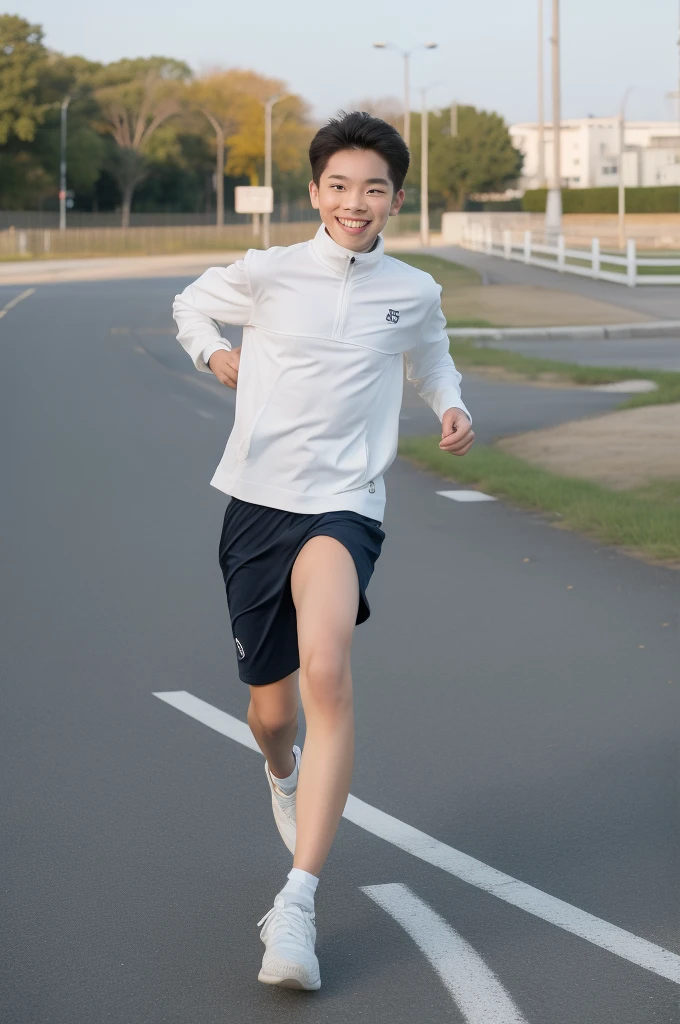 12-year-old boy,Smile，Spread your white and slender legs，jogging，full body，8K facial features are exquisite，Handsome boyish feeling，8k，masterpiece,((best quality)),photography,