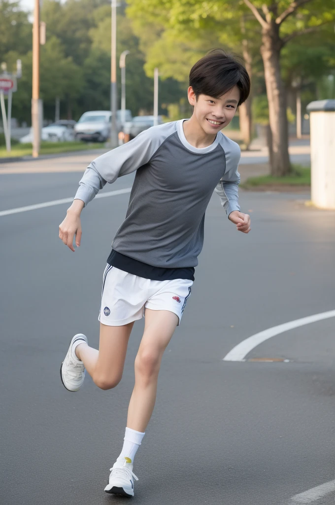 12-year-old boy,Smile，Spread your white and slender legs，jogging，full body，8K facial features are exquisite，Handsome boyish feeling，8k，masterpiece,((best quality)),photography,