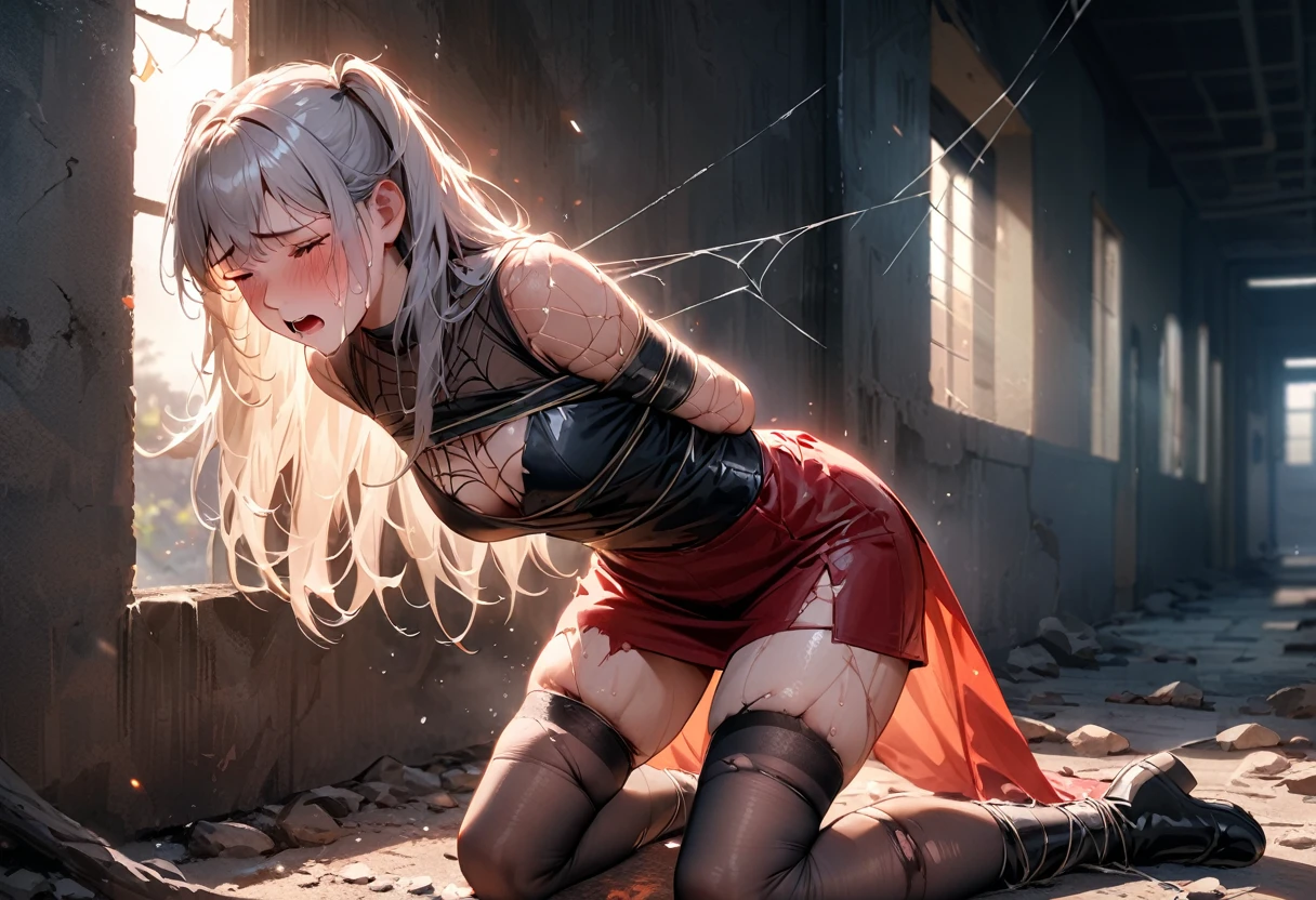 (best quality), (masterpiece), very aesthetic, absurdres, high res, all detailed, realistic, 1girl, (two side up), long hair, silver hair, (red pencil Dress, one side shoulders armor with Cape, red pencil miniskirt), medium cleavage, Gauntlet, boots, [black thigh-highs], [white panties], (injury skin, scar skin, bleeding skin, torn clothes:1.1), Broken Armor, BREAK (spiderweb, cobweb restrained, spiderweb bound limbs:1.2), zettai ryouiki, kneeling, (closed eyes), cry, tears, sigh, blush, sweat, (outdoors, prison), cinematic lighting, diffraction spikes, 