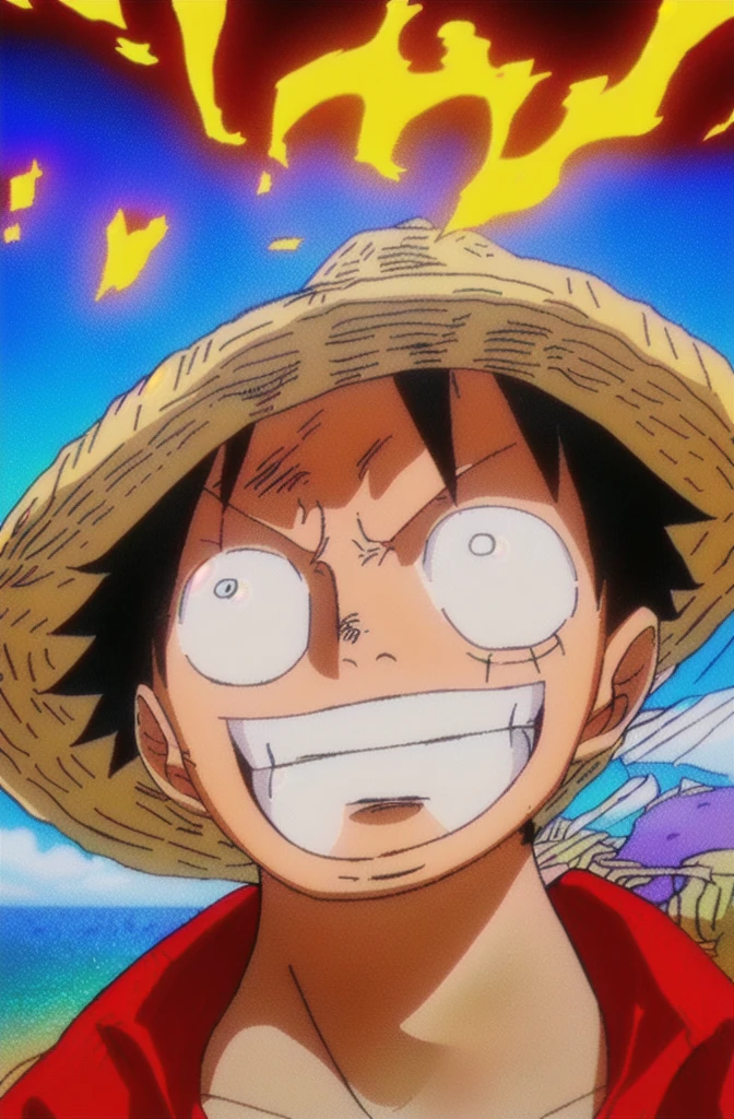 1boys, wanostyle, monkey d luffy, Smiling, Straw hat, look viewer, solo, Upper body, ((masterpiece)), (Best quality), (Extremely detailed), Depth of field, sketch, dark intensive shadows, Sharp focus quality, hdr, Colorful, Good composition, There were fires all around, spectacular, Closed shirt, Anime screenshots, Scars under the eyes, getting ready to fight, Dark eyes,deep of field,ocean background,ship,sunrays,Red clothes,