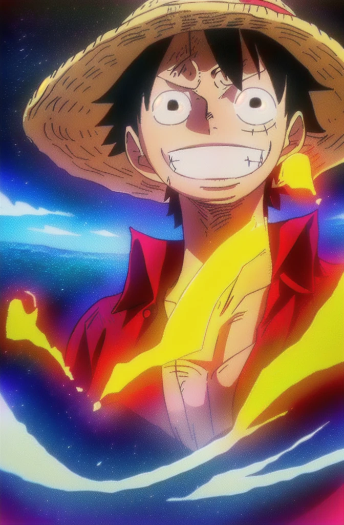 1boys, wanostyle, monkey d luffy, Smiling, Straw hat, look viewer, solo, Upper body, ((masterpiece)), (Best quality), (Extremely detailed), Depth of field, sketch, dark intensive shadows, Sharp focus quality, hdr, Colorful, Good composition, There were fires all around, spectacular, Closed shirt, Anime screenshots, Scars under the eyes, getting ready to fight, Dark eyes,deep of field,ocean background,ship,sunrays,Red clothes,