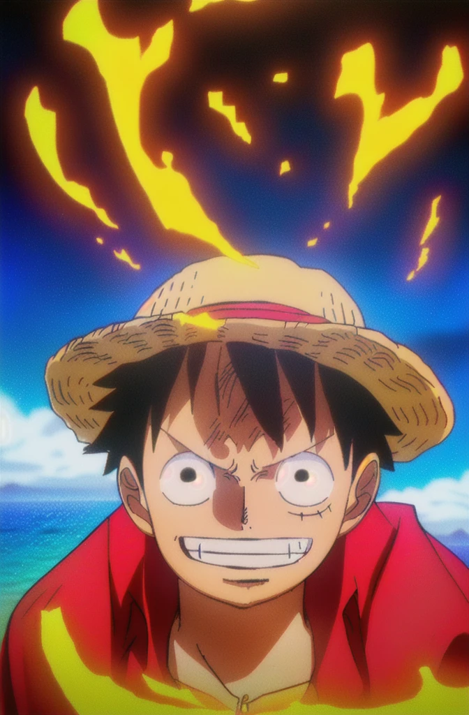 1boys, wanostyle, monkey d luffy, Smiling, Straw hat, look viewer, solo, Upper body, ((masterpiece)), (Best quality), (Extremely detailed), Depth of field, sketch, dark intensive shadows, Sharp focus quality, hdr, Colorful, Good composition, There were fires all around, spectacular, Closed shirt, Anime screenshots, Scars under the eyes, getting ready to fight, Dark eyes,deep of field,ocean background,ship,sunrays,Red clothes,