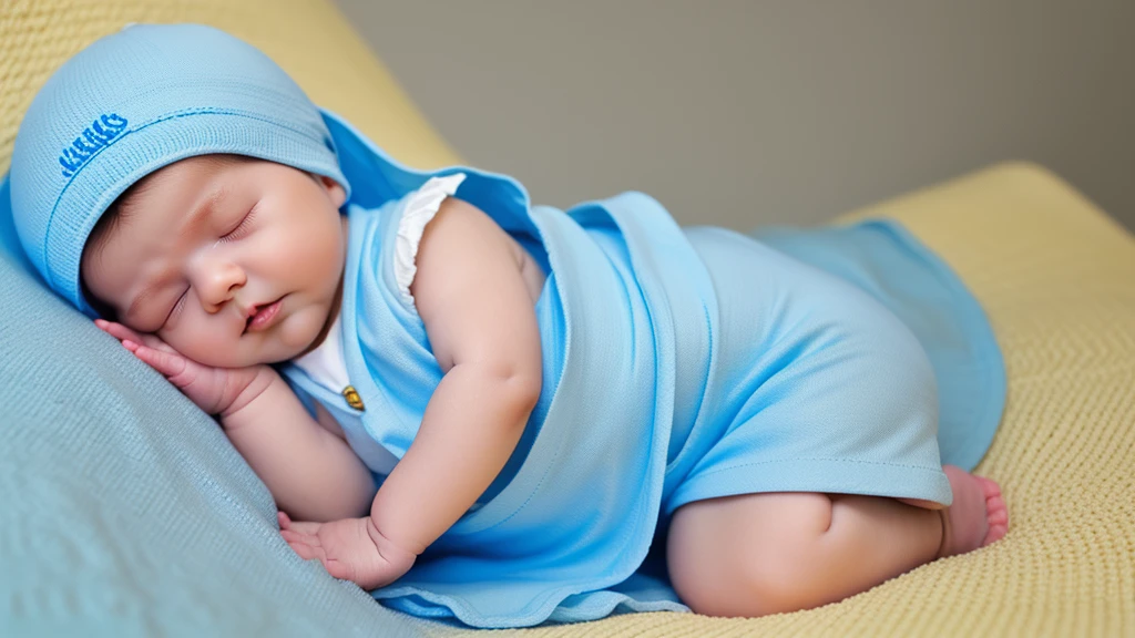 A  peacefully sleeping with eyes closed, resting on their hand. The babydressed in a light blue outfit with a matching hat, lying on a soft, light yellow blanket. The scene conveys a sense of calm and innocence.