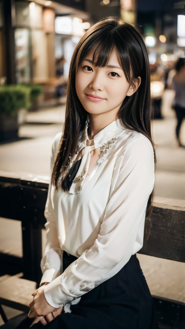 ((from below:1.5)), ((whole body:1.5)), (ultra detailed), (masterpiece), (best quality), Highest quality, Realistic, Surreal, Highest quality, Extremely detailed CG, Very delicate and beautiful, 16K wallpaper, High resolution, 1 Girl, 38歳の日本people女性, (small eyes:1.5), ((Two very small moles on my right cheek:1.5)), (Skin dents), Medium Chest, (Professional Lighting), (The city of Ginza at night), people々, Long Hair, (bangs:1.5), ((blouse:1.5)), (I wore it:0.8), Nice, bloom, Floating Hair, (Dynamic pose:0.6), BREAK ((in the night:1.5)), Beautiful moonlit night sky, bench, Sitting, Spread your legs, (Shy Smile:1.2), Thin lips, slim, (Highly detailed face), (Highly detailed facial expressions), (Face the front completely:1.5), ((Looking into the camera:1.5)), Slender body, Large file size,