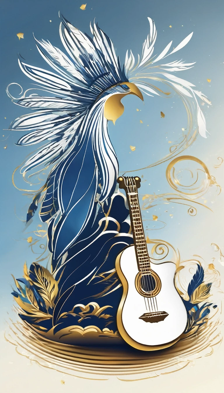 Create a cinematic, abstract symbol for a storytelling production brand based on stories and dreams called " Penamemoria". The logo should convey a fantasy theme and include the company of a boy and a feather. Fantastic, memorable, poetic, dreamy, sitting against a tree and playing guitar to a fantastic, unique, poetic white-blue-golden feather.