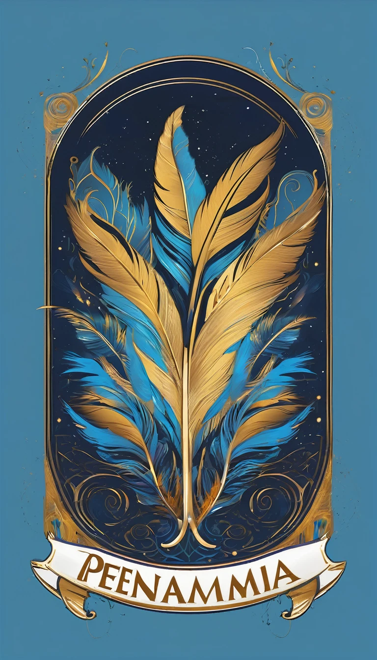 Create a cinematic, abstract symbol for a storytelling production brand based on stories and dreams called " Penamemoria". The logo should convey a fantasy theme and include the company of a boy and a feather. Fantastic, memorable, poetic, dreamy, sitting against a tree and playing guitar to a fantastic, unique, poetic white-blue-golden feather.