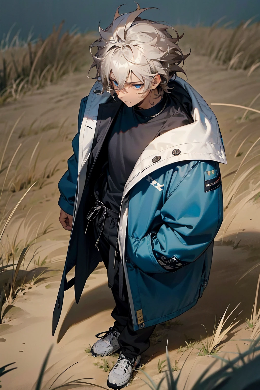 1male, tan skin, black highlighted hair, black and white hair, messy hair, wavy hair, blue eyes, uninterested expression, (dark blue oversized coat), black joggers, black undershirt, bandaged clothing, grassland background, standing on path, hands to side