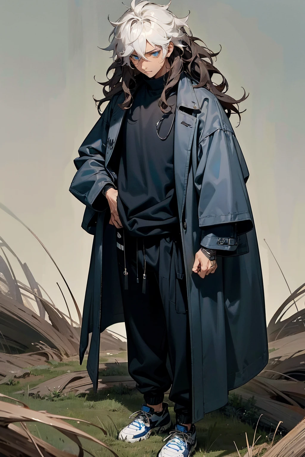 1male, tan skin, black highlighted hair, black and white hair,  messy hair, wavy hair, blue eyes, uninterested expression, (dark blue oversized coat), black joggers, black undershirt, bandaged clothing, grassland background, standing on path, hands to side