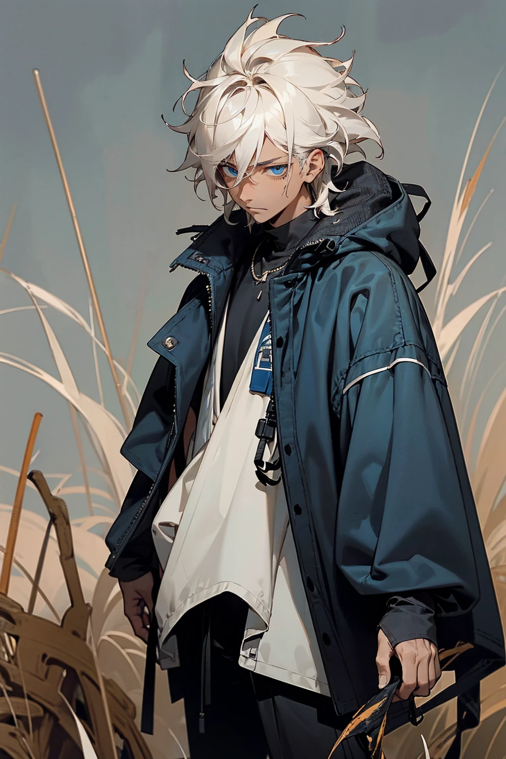 1male, tan skin, black highlighted hair, black and white hair, messy hair, wavy hair, blue eyes, uninterested expression, (dark blue oversized coat), black joggers, black undershirt, bandaged clothing, grassland background, standing on path, hands to side