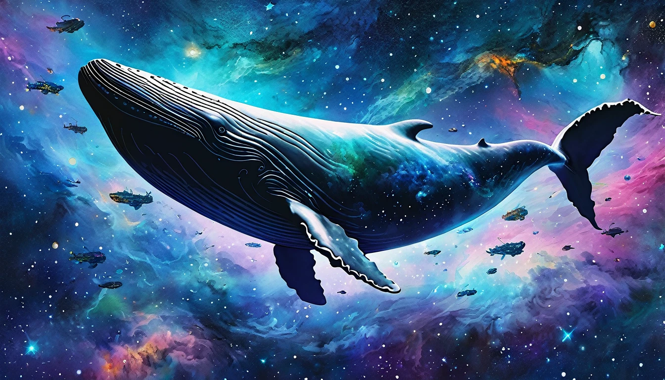 (Flying Whale,on space), Nebula(Art by Slawomir-Maniak), Lush watercolor palette canvas/acrylic, Intricate, Extreme detailing, Complex key, ((Single Shot)), ((Best Quality)), ((Masterpiece)) , ( (Realistic)), (IDEAL), 8K, impressionism: 0.2 Обои Full HD