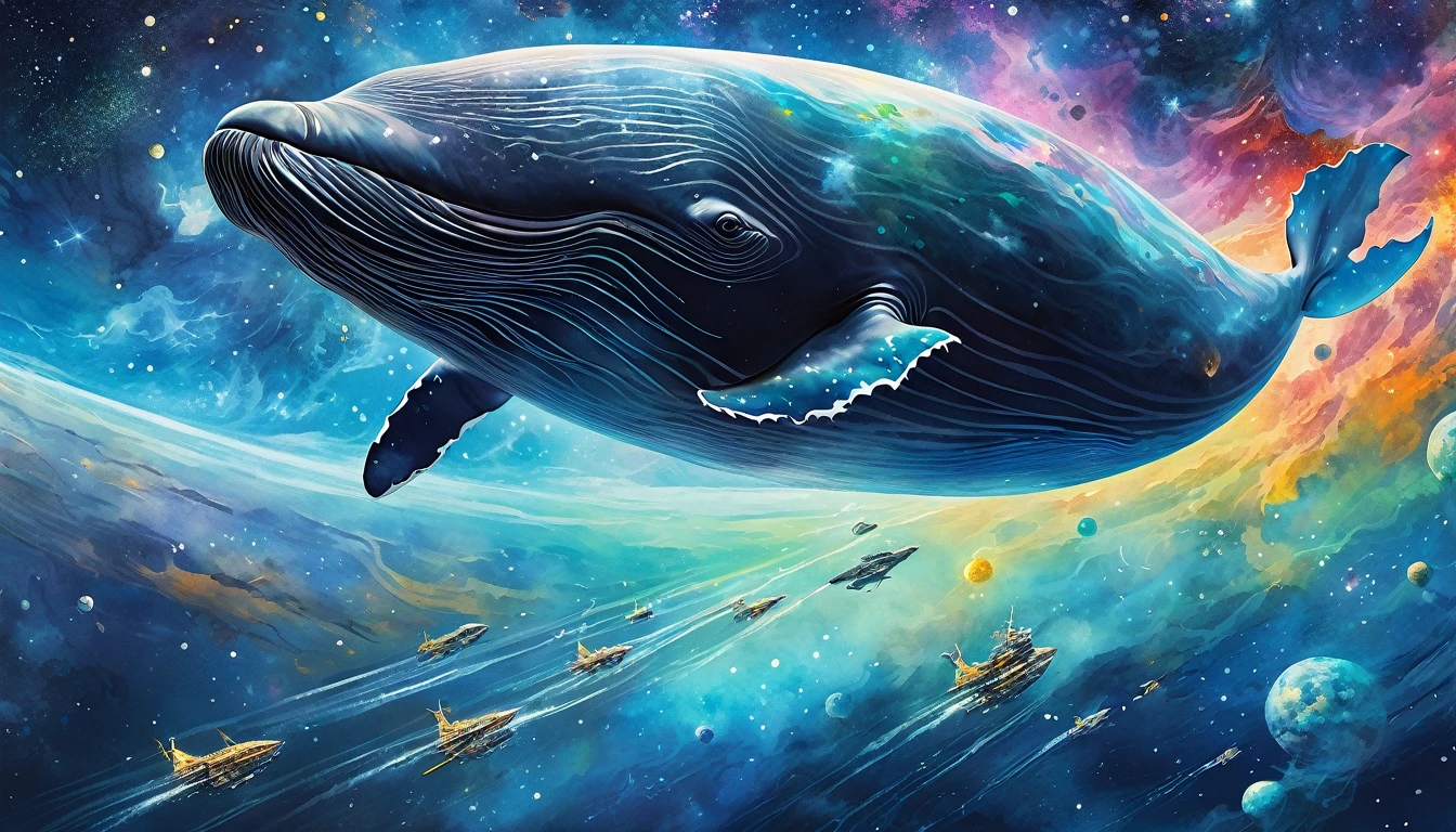 (Flying Whale,on space), Nebula(Art by Slawomir-Maniak), Lush watercolor palette canvas/acrylic, Intricate, Extreme detailing, Complex key, ((Single Shot)), ((Best Quality)), ((Masterpiece)) , ( (Realistic)), (IDEAL), 8K, impressionism: 0.2 Обои Full HD