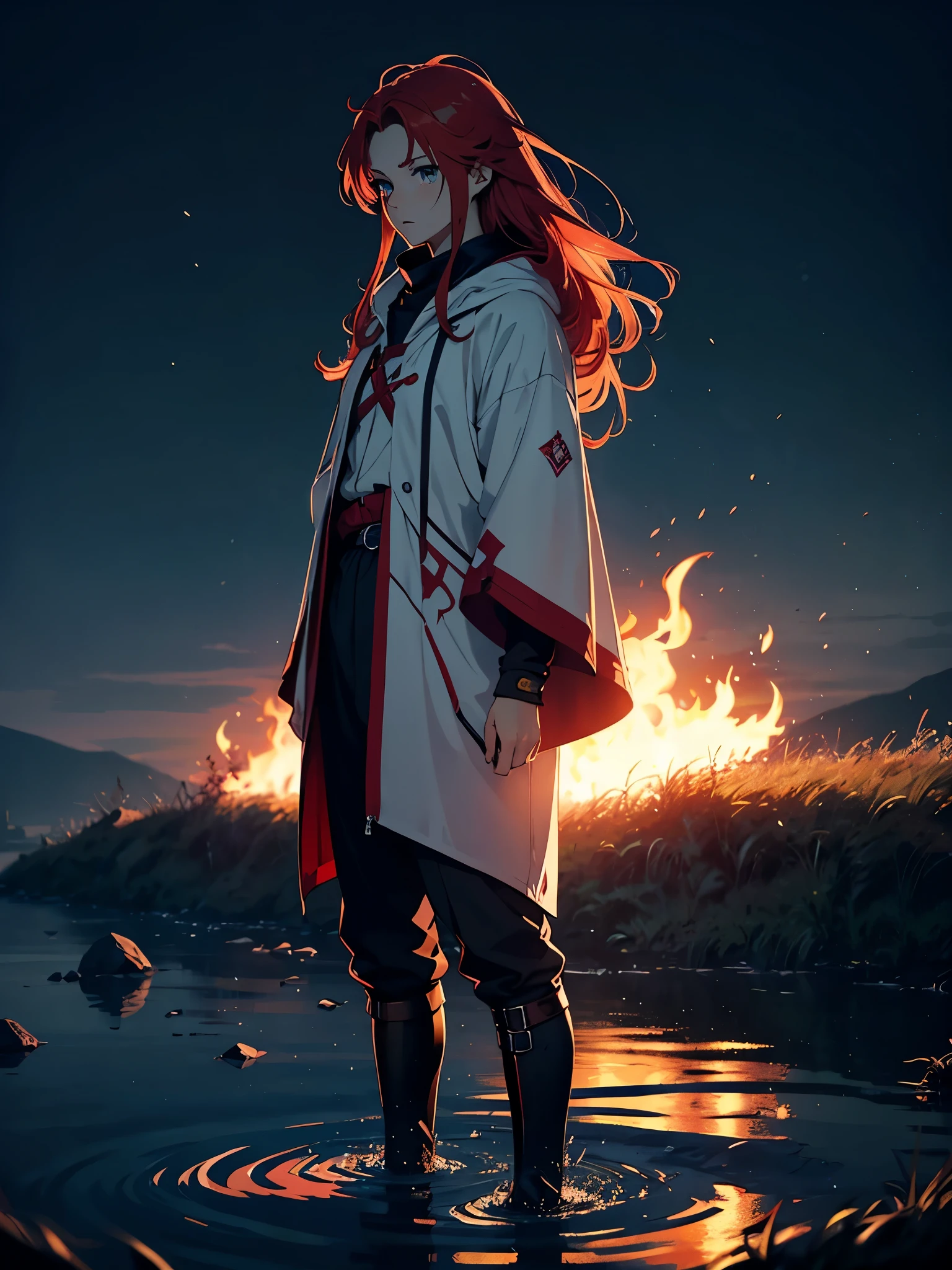 Mystische zauber. Feuerzauber. Wind. Sturm. More anime style. blue flames. 2d. flatter. anime style. Viking clothing. soft. More anime. Standing in a lake. More anime. More 2d. Clean. More anime. 2d. Glow. Red hair. More anime. male. Long hair. long red hair. boy, vikings. red hair. Blue eyes. fire.