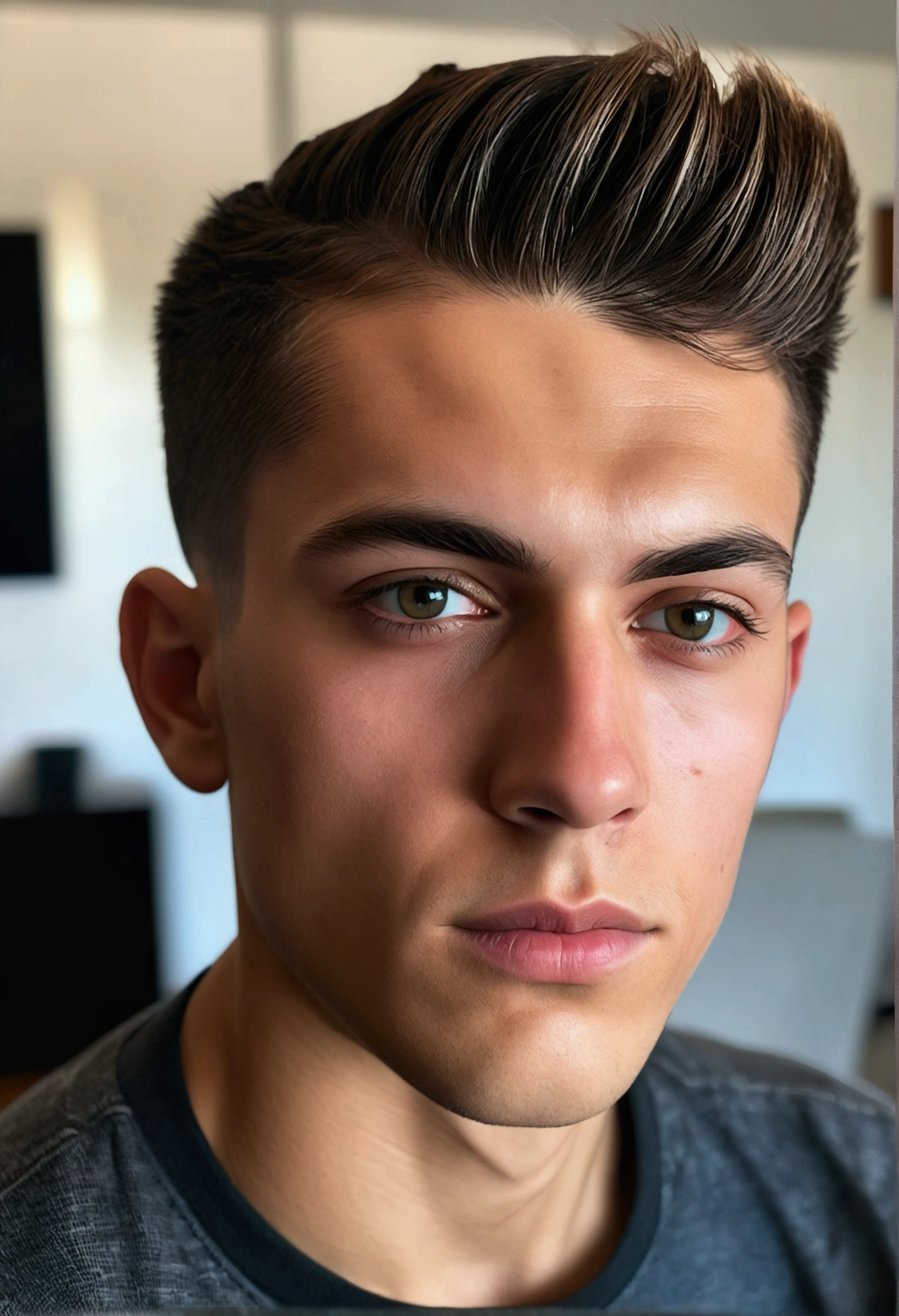 1homem, age 20 years, 8K  UHD, dslr, grain of film, Pintura photorrealistic, in a living room, ((Front face self portrait)), ((side shaved haircut)), 24 mm, (((sharp focus:1.5))), (((depth of sharpening:1.5))), (photorrealistic:1.5), (texture skin:1.38), cinemactic, hyperdetailed,