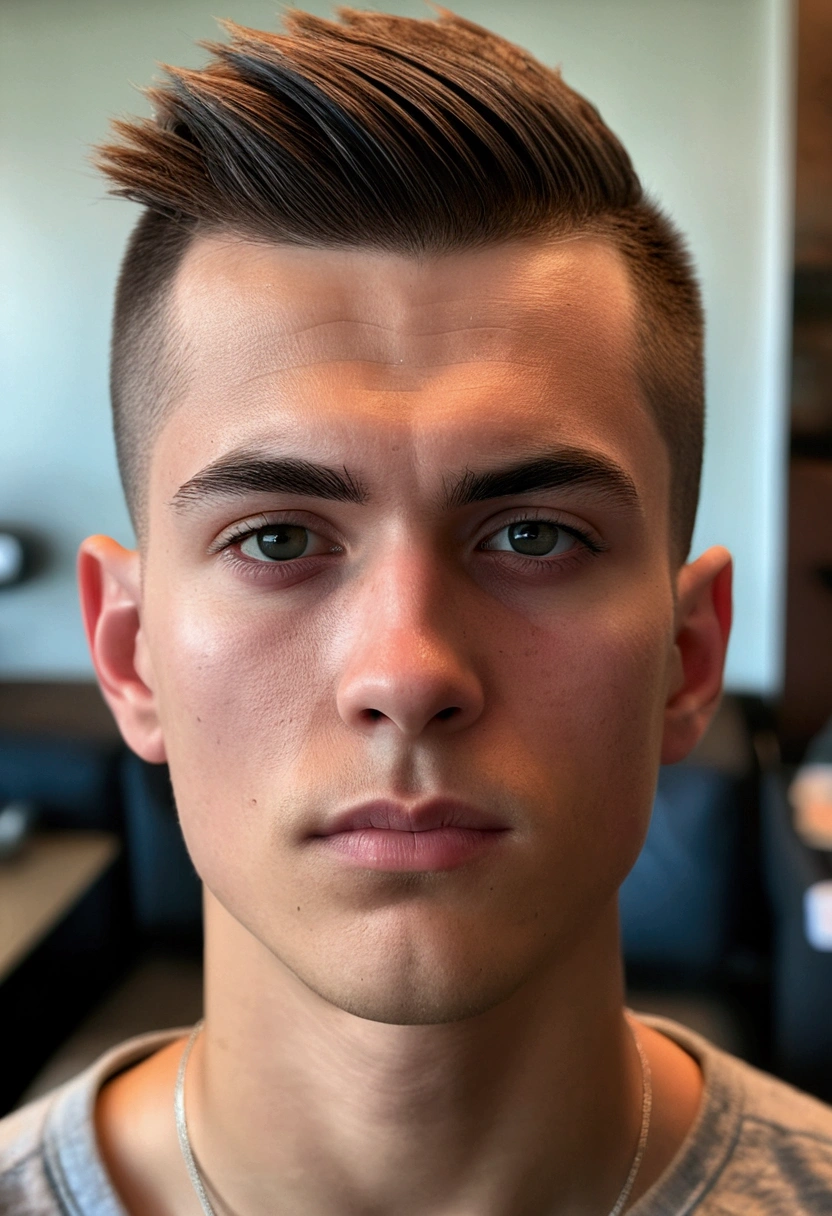 1homem, age 20 years, 8K  UHD, dslr, grain of film, Pintura photorrealistic, in a living room, ((Front face self portrait)), ((side shaved haircut)), 24 mm, (((sharp focus:1.5))), (((depth of sharpening:1.5))), (photorrealistic:1.5), (texture skin:1.38), cinemactic, hyperdetailed,