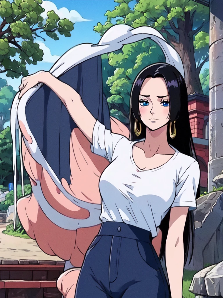 Masterpiece , highly detailed , best quality , perfect face , blue eyes , black hairs , boa hancock , wearing too short sleeves white printed t-shirt and blue jeans , in garden , arms bound behind back , looking at camera , standing still